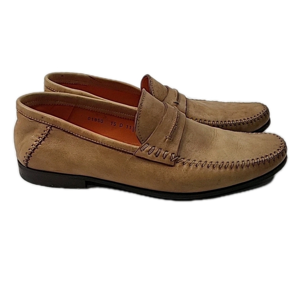 SANTONI Tan Leather Penny Loafers, Size 11.5 D, Made in Italy